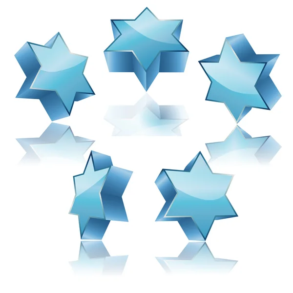 Metallic 3d blue star of David with reflection set — Stock Vector