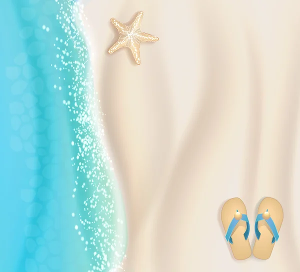 Пляжный фон с песком, водой и морской звездой — стоковый вектор