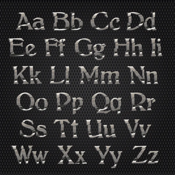 Chrome alphabet on metallic grid background — Stock Vector