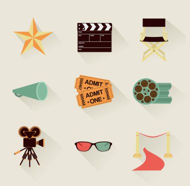 Detaylı retro düz sinema simgeler kümesi