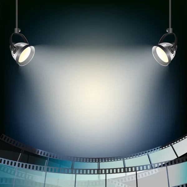 Cine fondo azul con focos y tira de película — Vector de stock