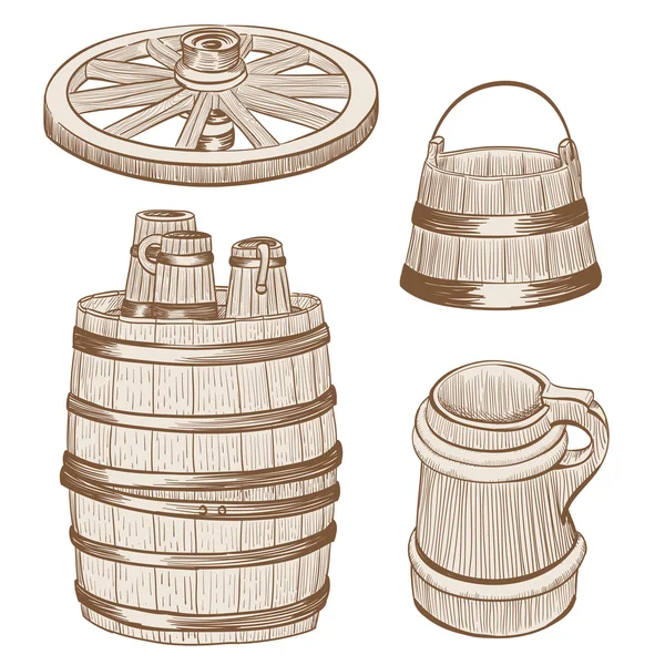 Canecas de madeira velhas, balde, roda, desenho do barril —  Vetores de Stock