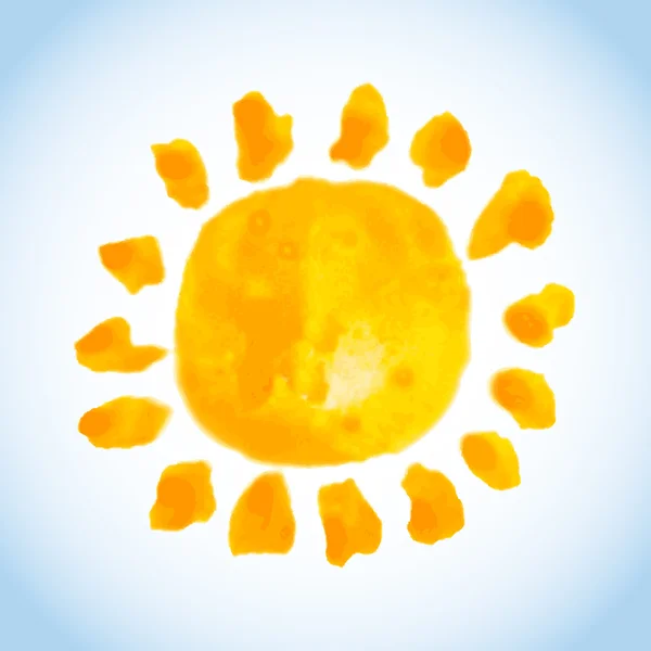 Dětinské akvarelu tučné slunce na pozadí modré oblohy — Stockový vektor