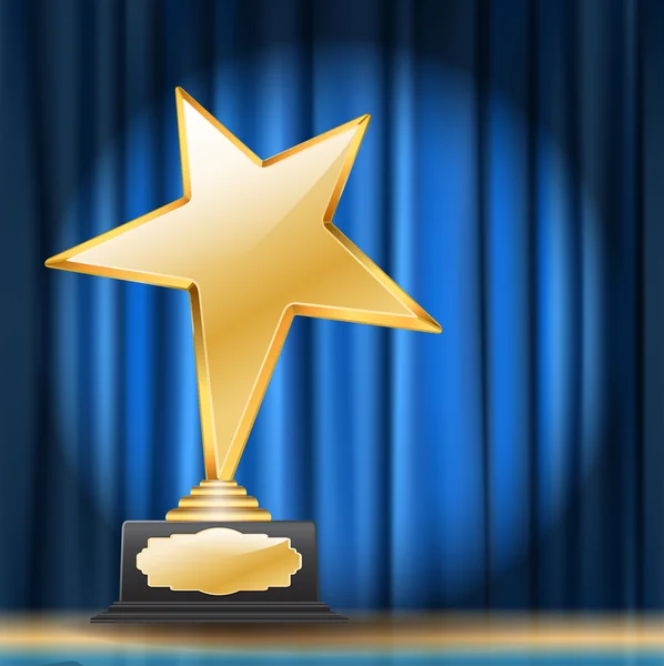Golden star award on blue curtain background — Stock Vector