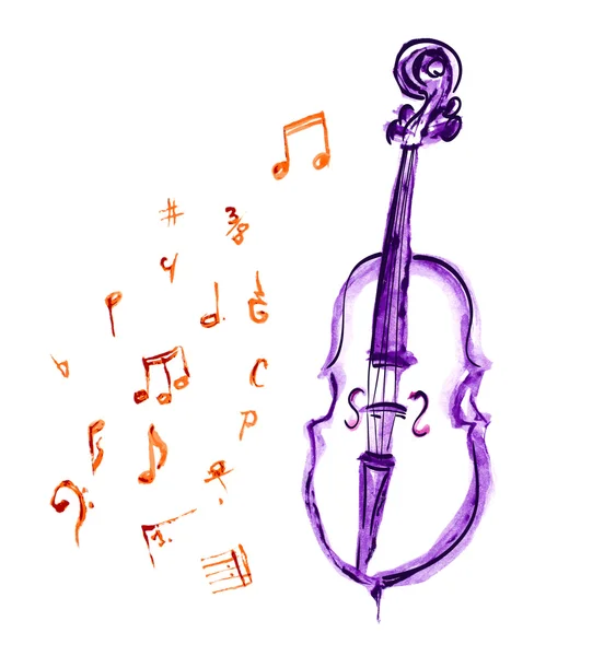 Aquarelle violette dessinée à la main violoncelle et notes musicales — Image vectorielle