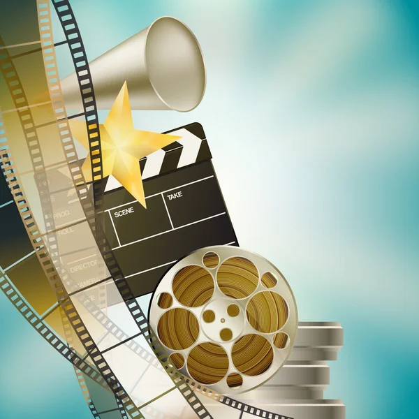 Retro Filmszalag, a csappantyú és a csillagok l mozi kék háttér — Stock Vector