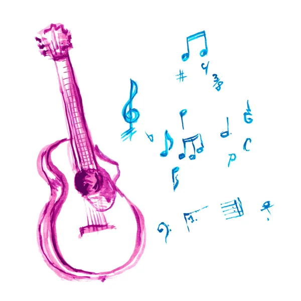 Guitare acoustique à l'aquarelle et notes musicales — Image vectorielle