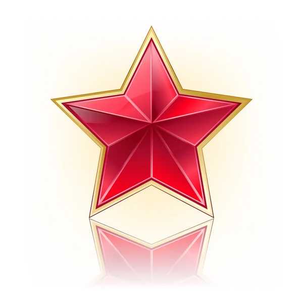 Hvězda červená pět rohu se zlatým okrajem na bílém pozadí s odleskem — Stockový vektor