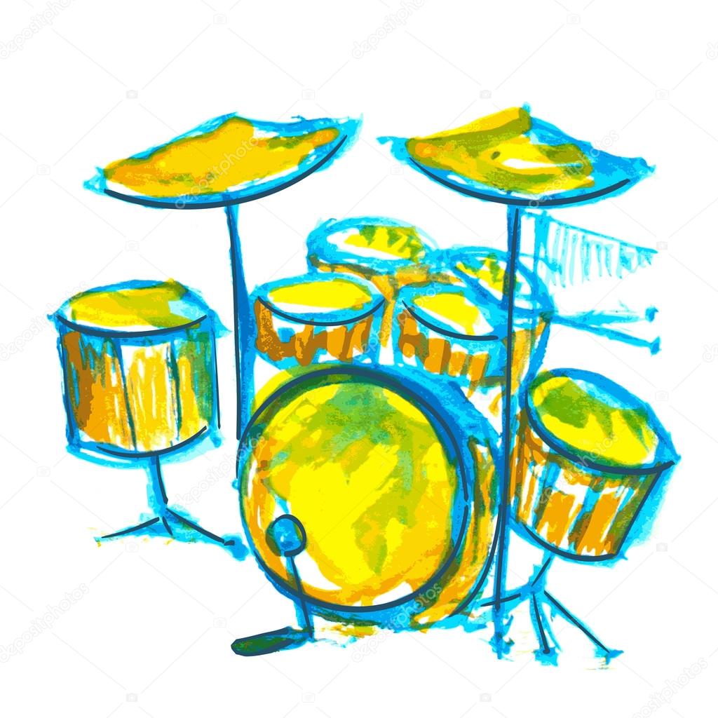 drums watercolor illustration with bright color strokes