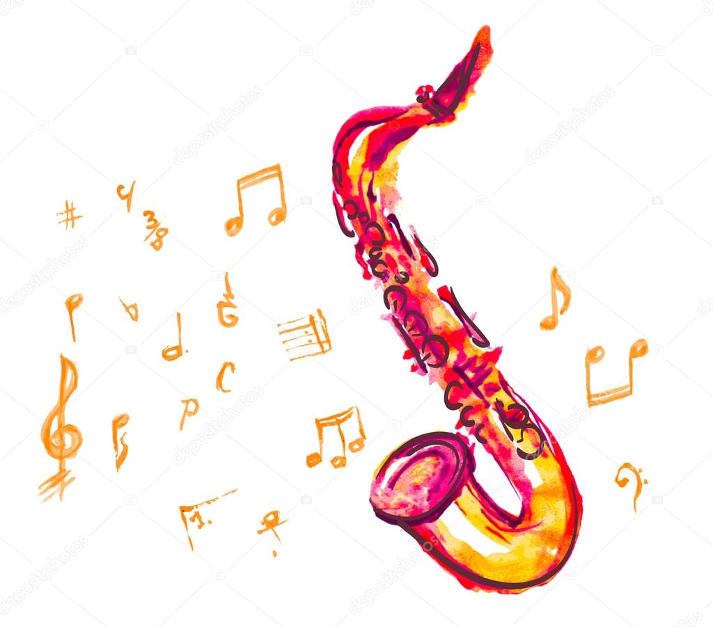 saxophone made with watercolor brush strokes and musical notes