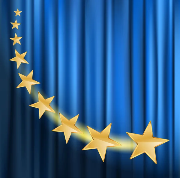 Gouden sterren vliegen over blauwe gordijn achtergrond met spotlight — Stockvector