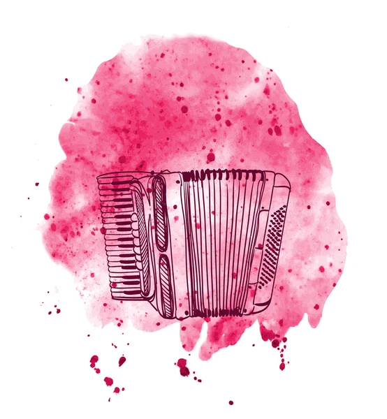 Hand drawn accordion on watercolor splash — Stock Vector