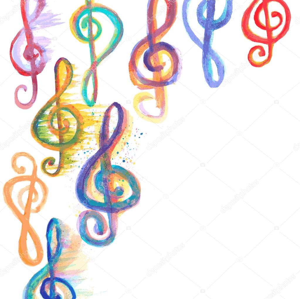 background with watercolor treble clefs g on white