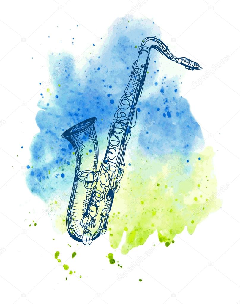 saxophone made with watercolor splashes