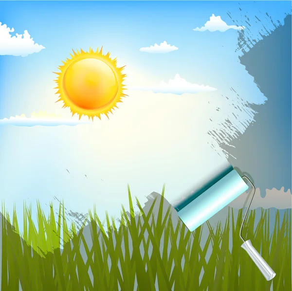草で日光の背景の上のローラーのブラシ — ストックベクタ