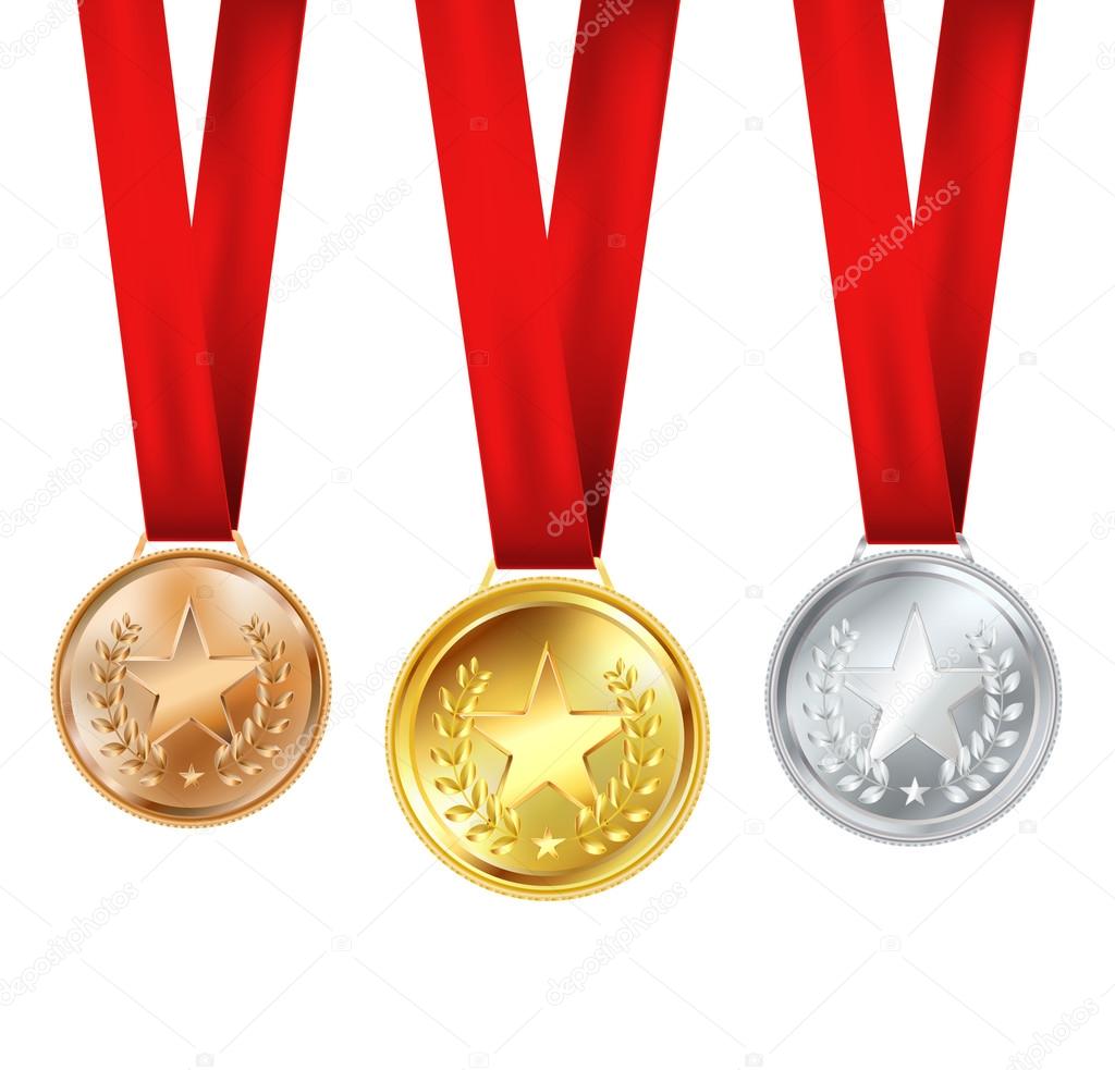 set of medals with red ribbons and stars