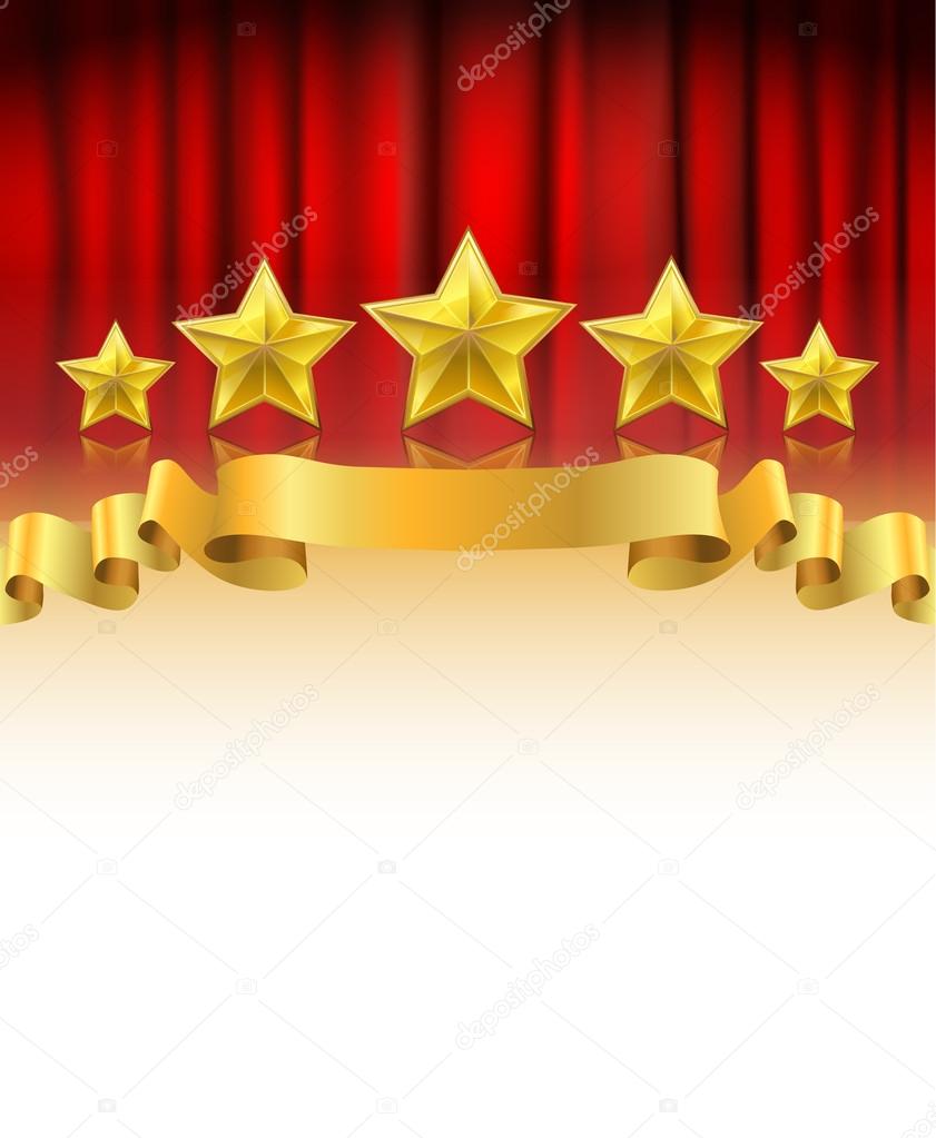 red curtain with golden stars and a ribbon background with white