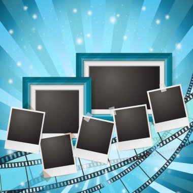 frames and photos with blue retro filmstrip composition