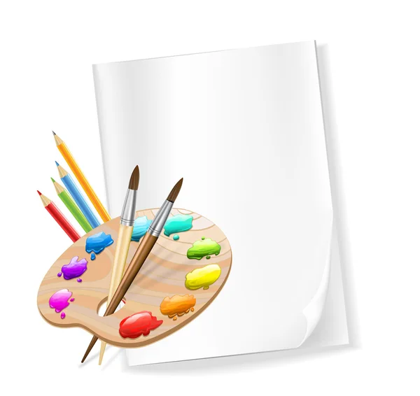 Blank paper, color pencils, palette, brushes. vector — Wektor stockowy