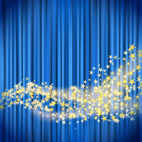 Golden stars flowing over blue curtain background — Stockvector