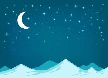 Peaceful winter night landscape with crescent moon and shining stars over snowy mountain peaks. Minimalist vector illustration in cool blue tones, perfect for backgrounds, nature, holiday designs