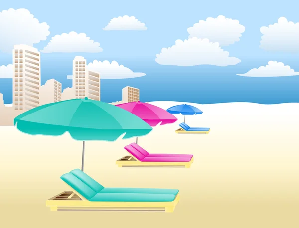 Stoelen met parasols op het strand met wolken en huizen — Stockvector