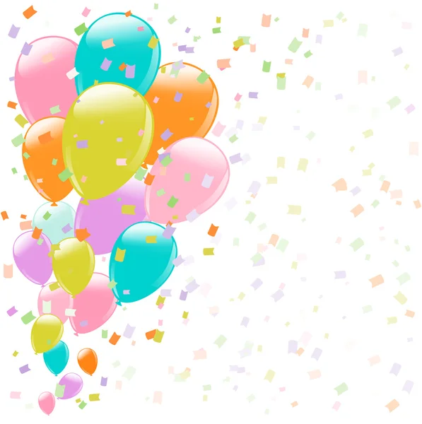 Vuelo de globos de colores y confeti sobre fondo blanco — Vector de stock
