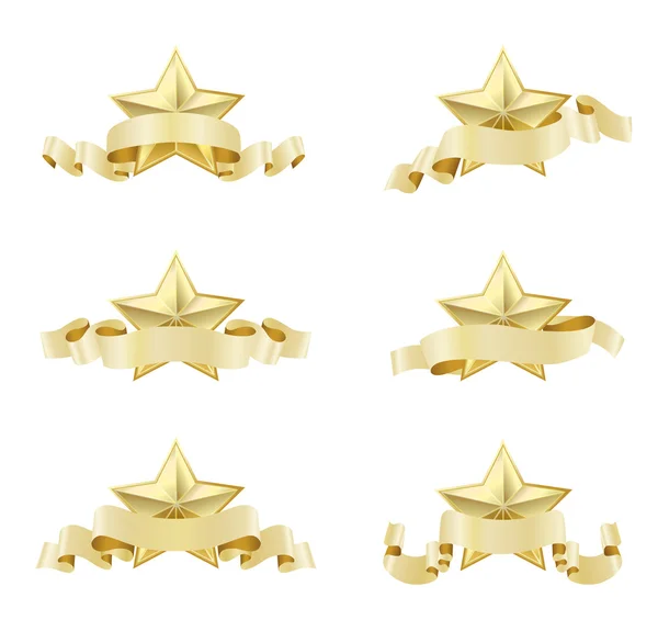 Set of golden realistic stars with ribbons on white — Stock Vector