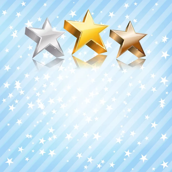 Estrellas doradas, plateadas y bronce sobre fondo azul. vector — Archivo Imágenes Vectoriales