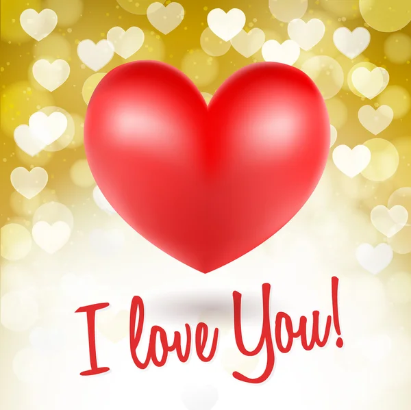 Red heart symbols on glittering golden background and i love you — Stock Vector