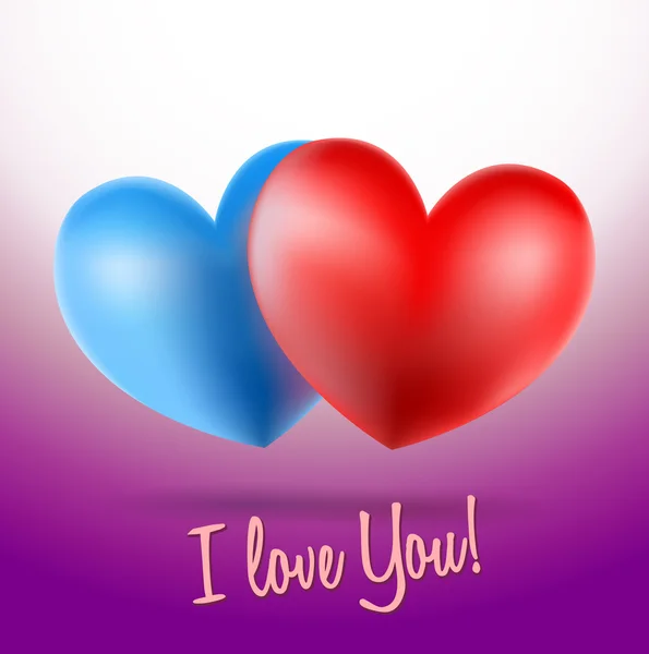 Blue and red heart symbols on violet background and i love you w — Stock Vector