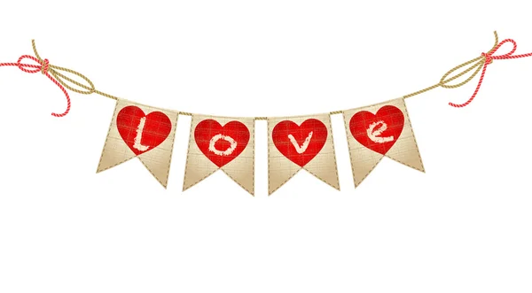 Vintage bunting with hearts and love word on white. vector — Stock Vector