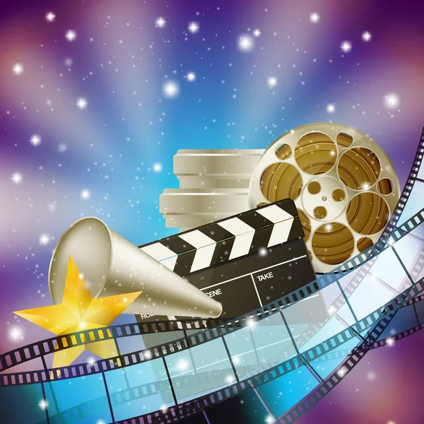 Mozi kék háttér retro Filmszalag, a csappantyú és a csillagok — Stock Vector