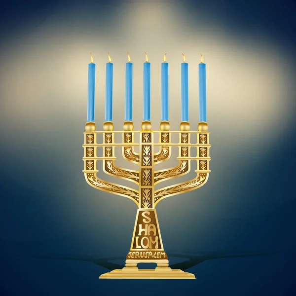 Illustration of golden menorah with seven blue candles lighting — Stock Vector