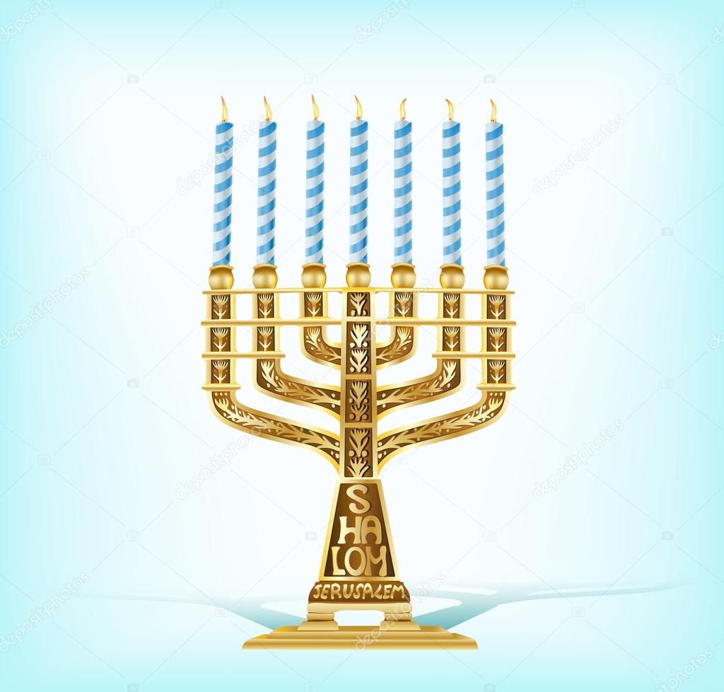 illustration of realistic golden menorah with seven blue candles