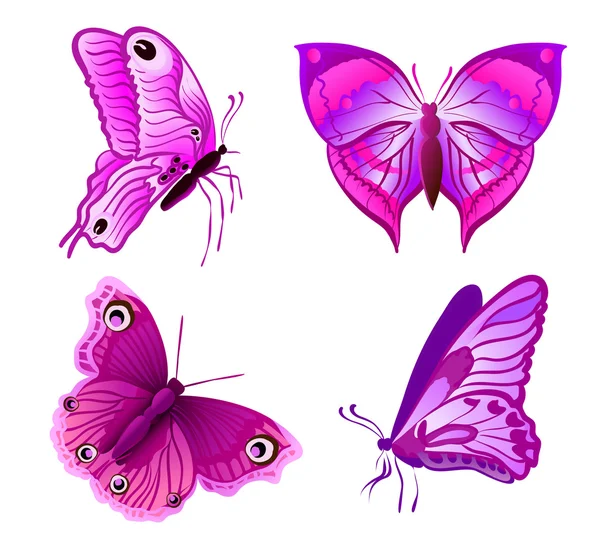 Conjunto de mariposas púrpuras en blanco. vector — Vector de stock