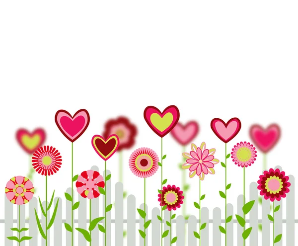 Цветы с сердечными формами с забором. Ретро-привет любви — стоковый вектор