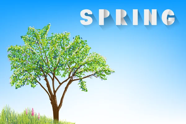 Träd och gräs med blommor på himlen med våren papper låt — Stock vektor