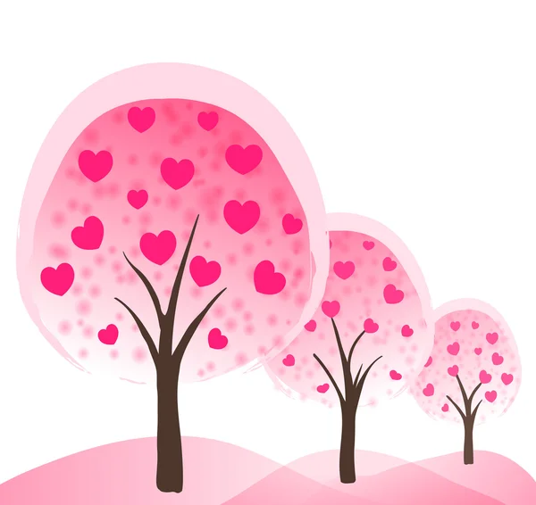 Abstract romantic background with pink trees with hearts as flow — Stock Vector