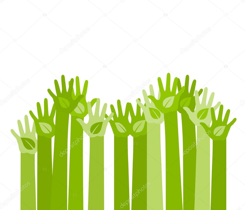 abstract illustration with raising hands with a leaf symbol. eco