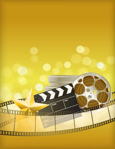 Cinema golden background with retro filmstrip, clapper and star — Stock Vector