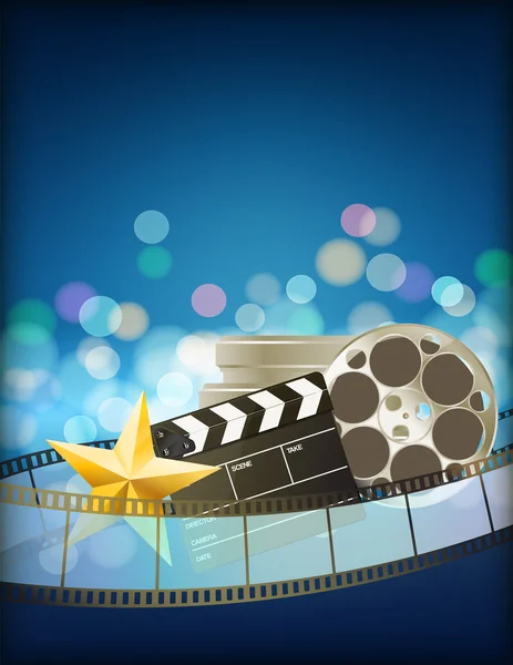 Cinema blue background with retro filmstrip, clapper and star. v — Stock Vector