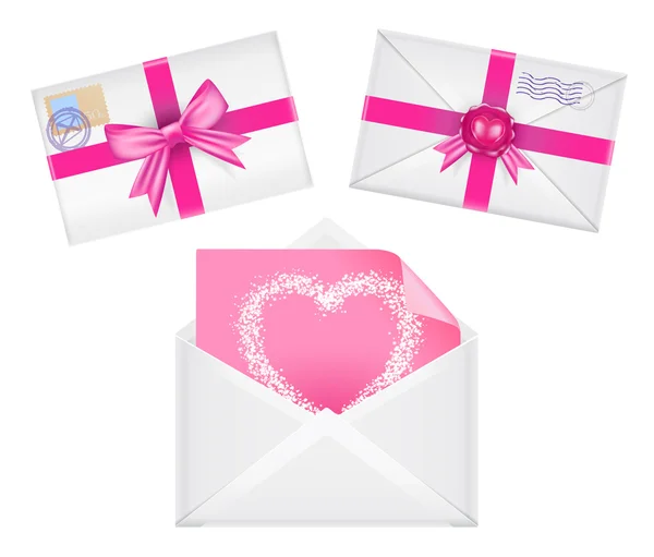 Conjunto de sobres con cintas, sello, corazón en él, saludo rosa . — Vector de stock