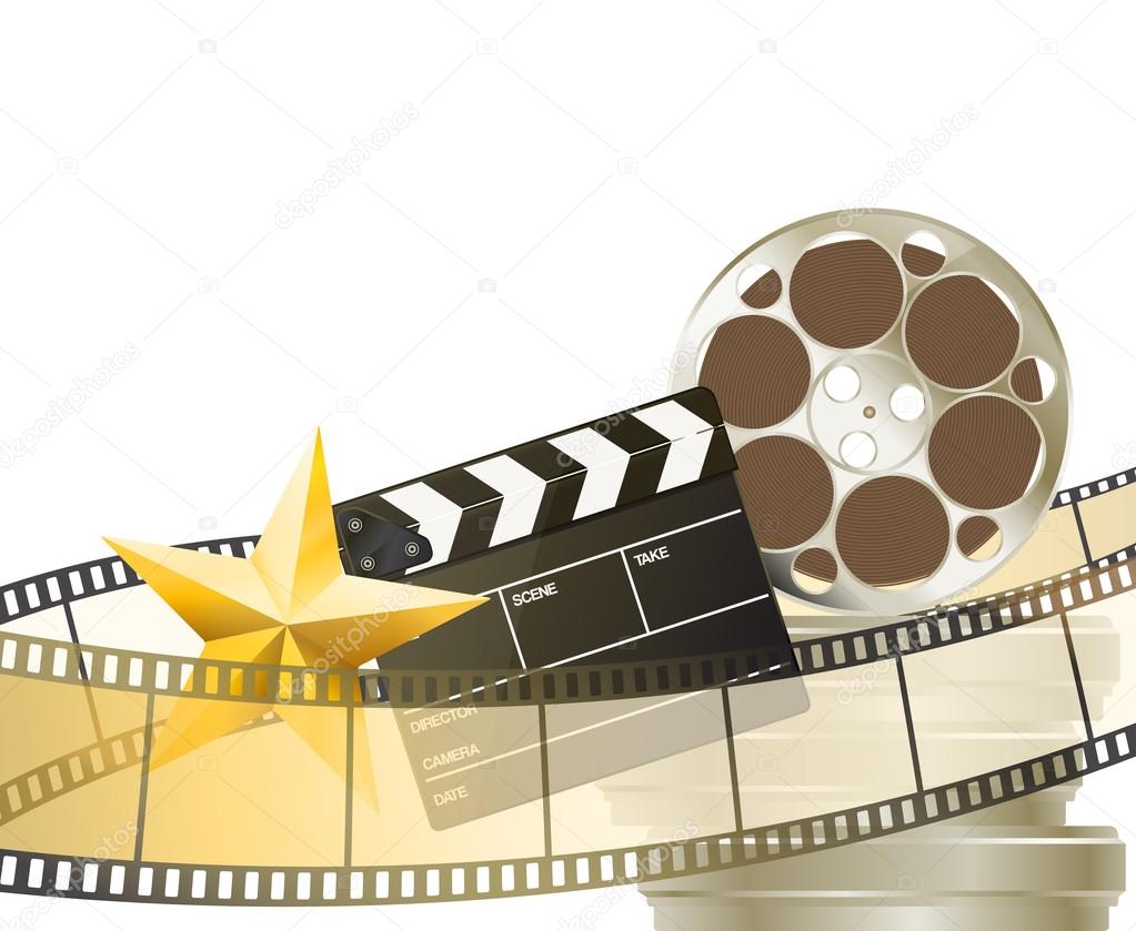 cinema background with retro filmstrip, clapper and star isolate