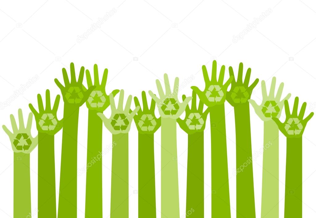 abstract illustration with raising hands with a recycle symbol. 