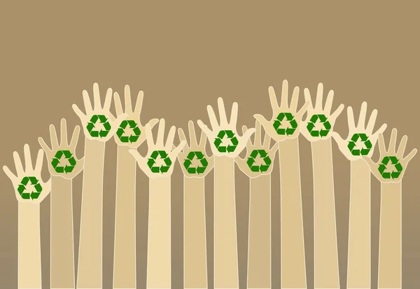 Raising carton hands with a recycle symbol on brown background. — Stock Vector