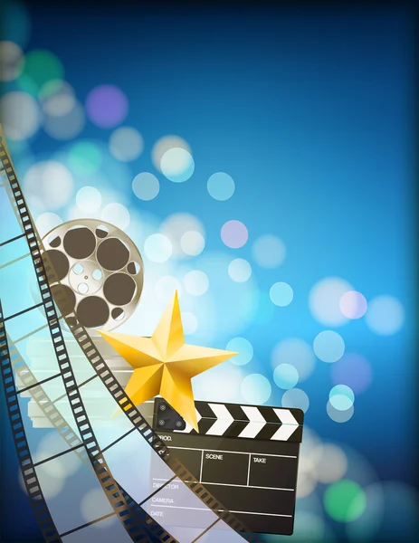 Clapper, makara, altın yıldız ve ışık eff film şeridi arka plan — Stok Vektör