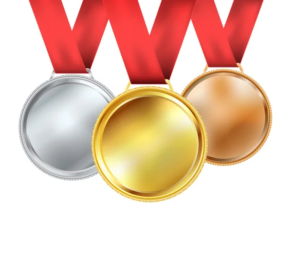 Set di medaglie con nastro rosso su bianco. vettore — Vettoriale Stock
