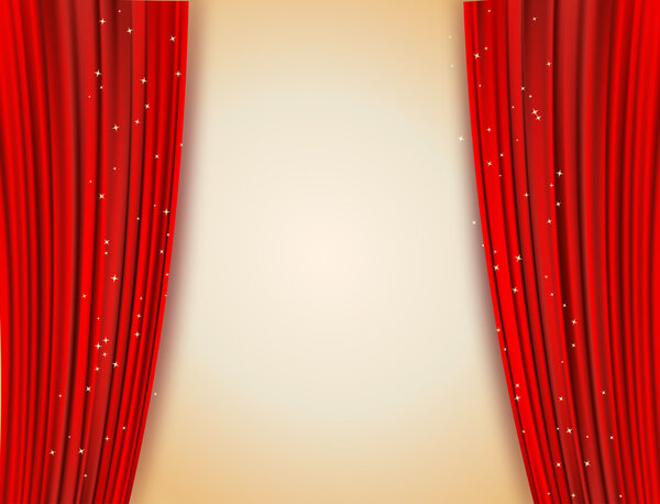 open red curtains with glittering stars background 