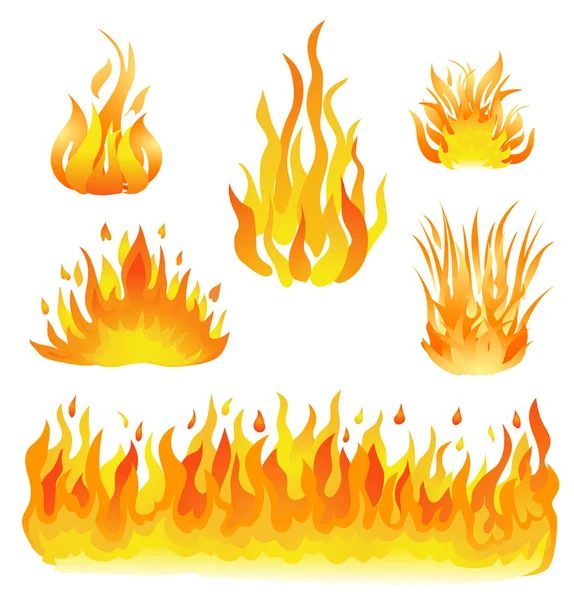 Fuego y llamas establecen ilustración vectorial. elementos de diseño en whit — Vector de stock